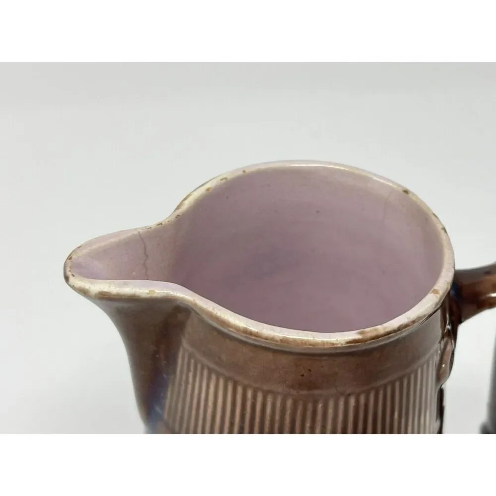 Majolica George Jones Creamer Syrup Pitcher Jug Antique Brown Blue Glaze Pink 5”